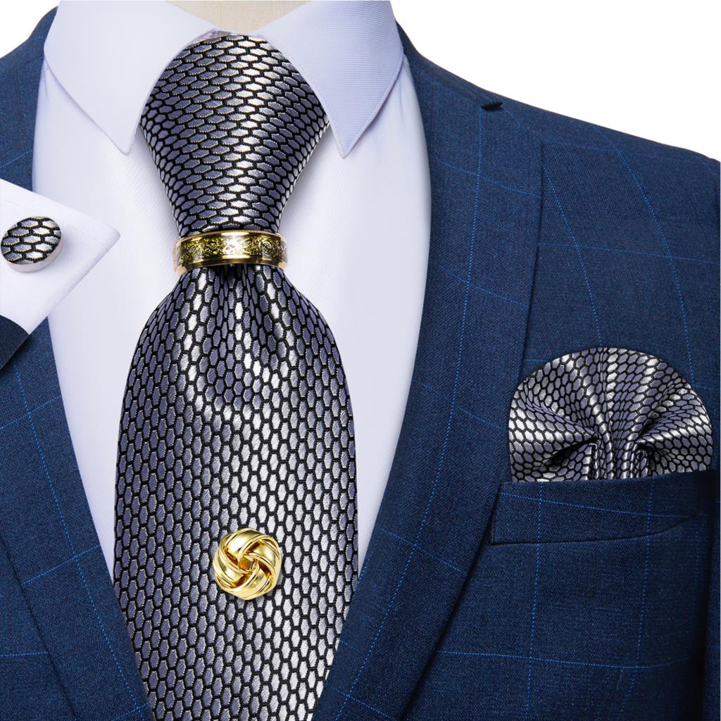 Cufflinks Silver Set - Cravatte in seta scozzese nera argento